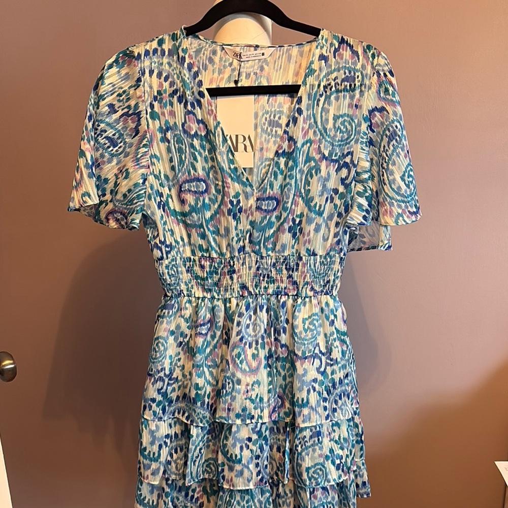 Zara Blue Flutter Sleeve V-Neck Blouse